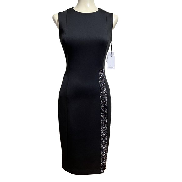 NWT Calvin Klein Black Embellished Sheath Cocktail Dress w/ Slit Size 4 - Picture 6 of 16